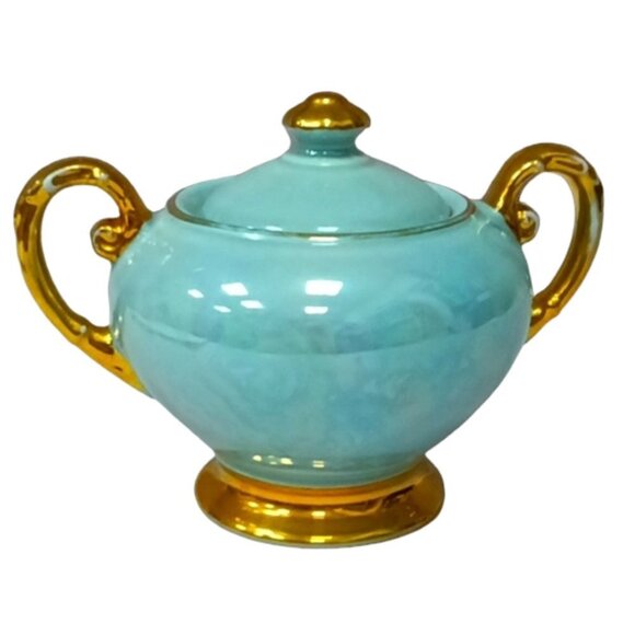 Vintage Lusterware Iridescent Duck Egg Blue 22k Gold Trim Lidded Sugar Bowl - Picture 1 of 14